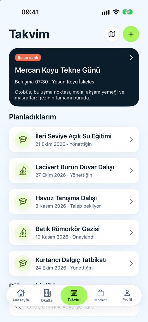 Takvim: şu an canlı gezi ve planladığın etkinlikler